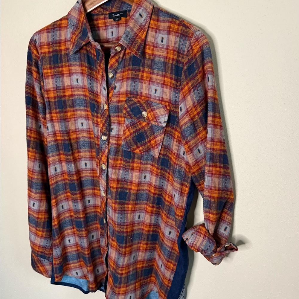 Tolani Mixed Media Plaid Shirt Bandana Back Boho Top M - Picture 5 of 9